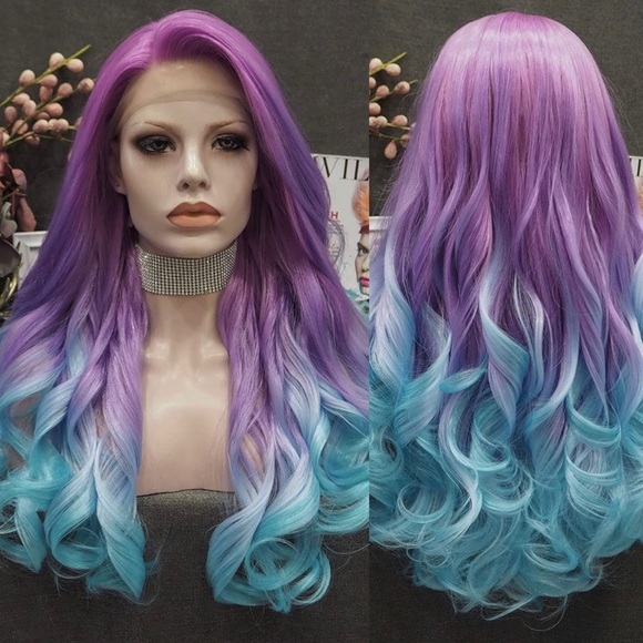 💕24” PURPLE BLUE UNICORN 🦄 OMBRE BODY WAVY CURLY LACE FRONT WIG 💕 NWT - Picture 1 of 7